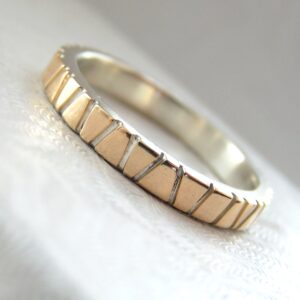 Lines in Gold - 3 mm Yellow Gold: Modern two tone wedding band, simple and elegant. It is made from two layers - sterling silver base and thin layer of solid yellow gold.