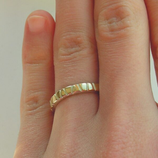 Lines in Gold - 3 mm Yellow Gold: Modern two tone wedding band, simple and elegant. It is made from two layers - sterling silver base and thin layer of solid yellow gold.