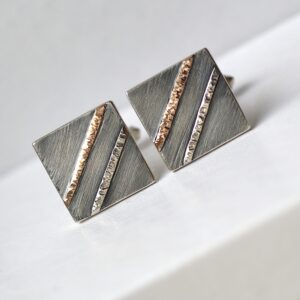 Textured Cufflinks with 9k Rose Gold: Sterling silver squares are textured and decorated with two hammered lines - first one is made from 9k rose gold, second one is silver.