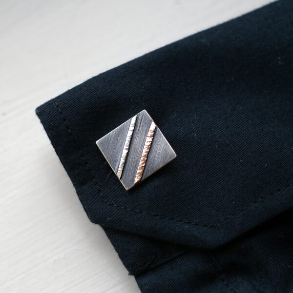 Textured Cufflinks with 9k Rose Gold: Sterling silver squares are textured and decorated with two hammered lines - first one is made from 9k rose gold, second one is silver.