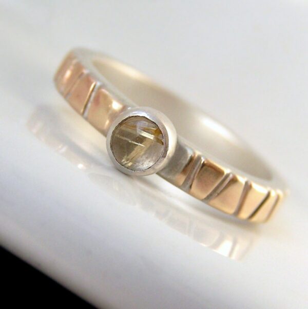 Lines in Gold - 3 mm Yellow Gold with Rutilated Quartz - unique two tone ring, simple, elegant and modern. It is made from two layers - sterling silver base and thin layer of solid yellow gold.