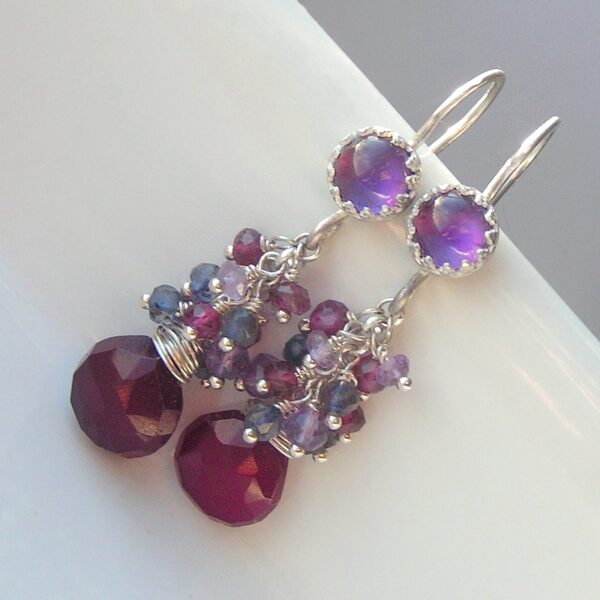 Berries: Sterling silver earrings with gemstones: Amethyst (lighter and darker shade), iolite, rhodolite garnet, wine red chalcedony.