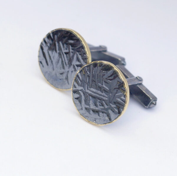 Hammered Cufflinks with 18k Gold Edge: These cufflinks are made from thick hammered sterling silver and solid 18k yellow gold thin sheet.