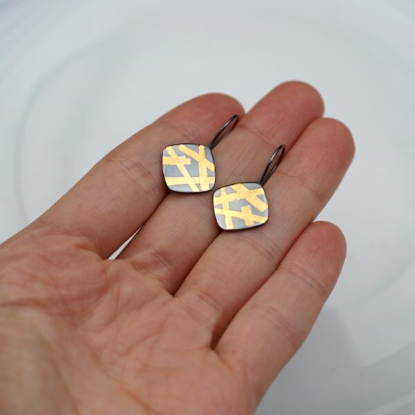 Gold Lines - Gold on Sterling Silver Keum-boo Earrings, Unique and Dainty