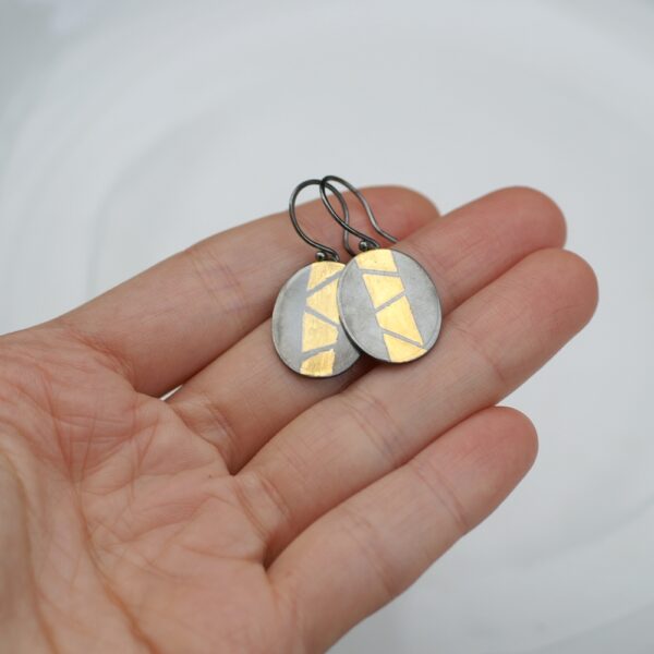 Keum-boo Earrings - Gold on Oxidized Sterling Silver Dangle Earrings, Discounted