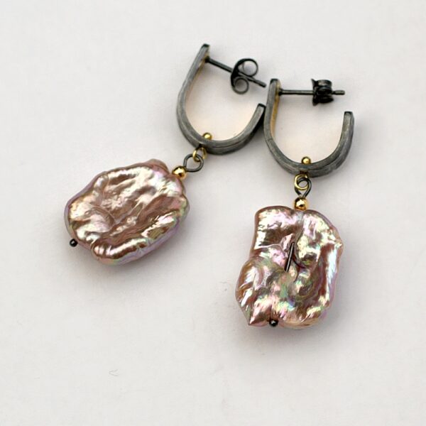 Pink Baroque Pearl Earrings, Sterling Silver with Gold Details, One of a Kind