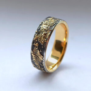 Gold Chaos with Gold Lining - Unique ring with oxidized silver base, rustic gold texture and shiny gold inside.