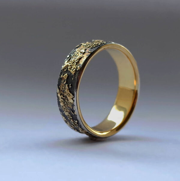 Gold Chaos with Gold Lining - Unique ring with oxidized silver base, rustic gold texture and shiny gold inside.