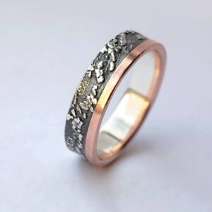 Silver Chaos with Rose Gold Edge - Sterling silver wedding band with unique rustic texture and rose gold edge.