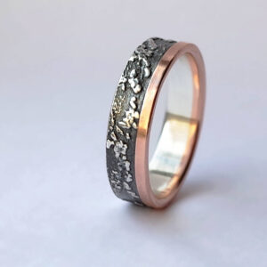 Silver Chaos with Rose Gold Edge - Sterling silver wedding band with unique rustic texture and rose gold edge.