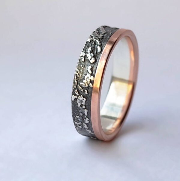 Silver Chaos with Rose Gold Edge - Sterling silver wedding band with unique rustic texture and rose gold edge.