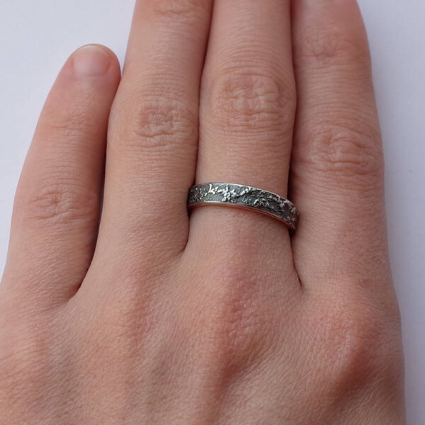 Silver Chaos with Rose Gold Lining - Sterling silver wedding band with unique rustic texture and rose gold lining. Perfect ring for both men and women.