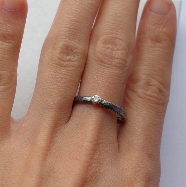 Rustic Diamond 3mm - sterling silver textured band with 3 mm diamond in 18k gold setting.