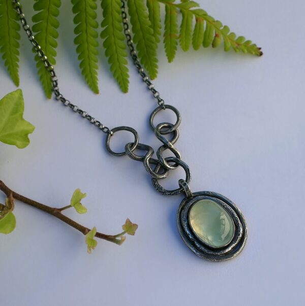Rustic Prehnite Necklace - Sterling silver one of a kind necklace with green prehnite. Rustic nature inspired style, handmade using metalsmith techniques.