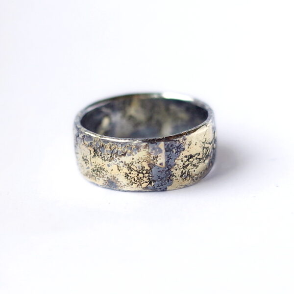 Unique Sterling Silver Men's Ring with Molten 18k Gold in Rustic Style.Nice men's ring or wide unisex band, could be a wedding band or just a special gift for special someone.