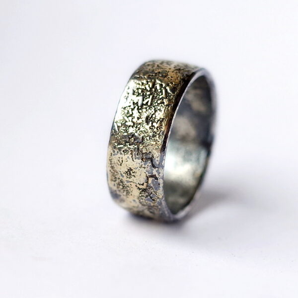 Unique Sterling Silver Men's Ring with Molten 18k Gold in Rustic Style.Nice men's ring or wide unisex band, could be a wedding band or just a special gift for special someone.