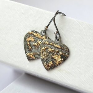 Gold Chaos Hearts - Oxidized sterling silver and 18k gold heart earrings