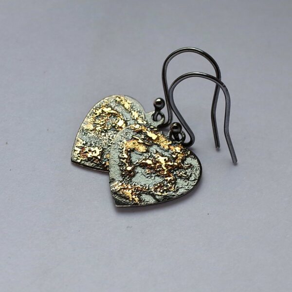 Gold Chaos Hearts - Oxidized sterling silver and 18k gold heart earrings