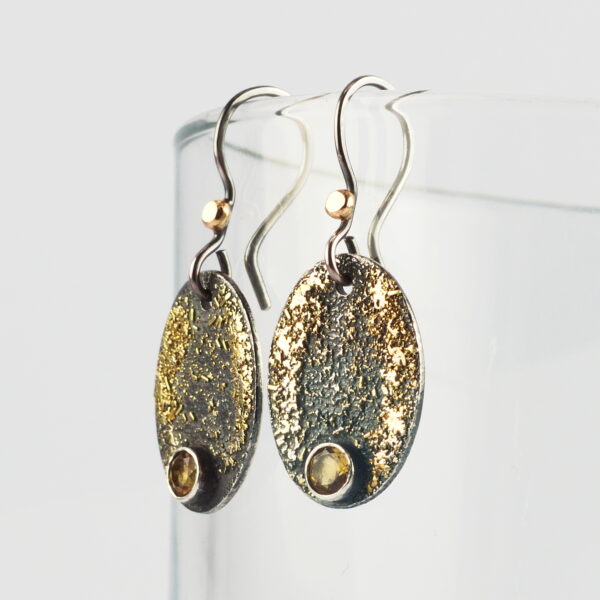 Gold Chaos Citrine Oval Drop Earrings - Oxidized sterling silver and 18k yellow gold earrings.