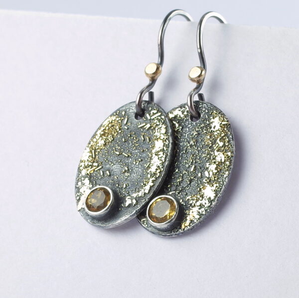 Gold Chaos Citrine Oval Drop Earrings - Oxidized sterling silver and 18k yellow gold earrings.