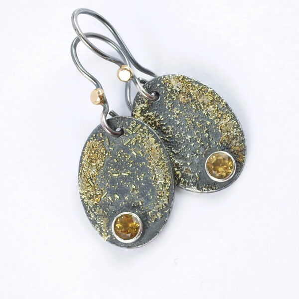 Gold Chaos Citrine Oval Drop Earrings - Oxidized sterling silver and 18k yellow gold earrings.
