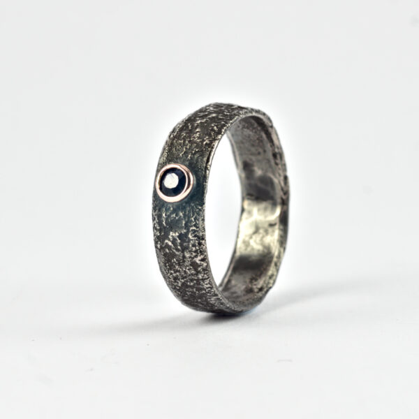 Black Sapphire Men's Engagement Ring - Rustic silver ring with black sapphire in a rose gold setting.