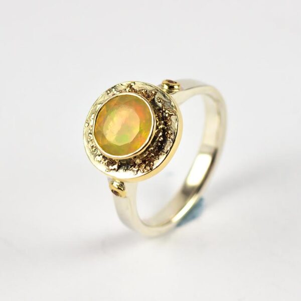 Ethiopian Opal Engagement Ring - artisan sterling silver and 18k yellow gold engagement ring.