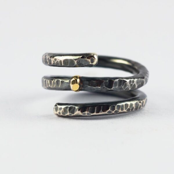 Spiral Ring - Rustic hammered sterling silver and 18k gold ring, slightly adjustable.