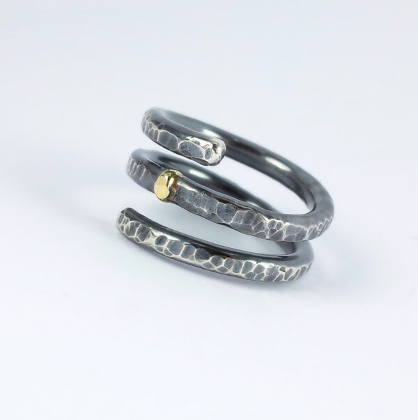 Spiral Ring - Rustic hammered sterling silver and 18k gold ring, slightly adjustable.