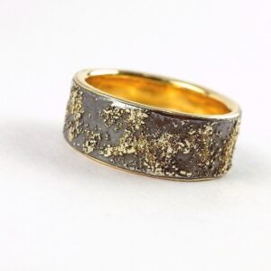 Gold Chaos with Gold Lining 8mm - Unique ring with oxidized silver base, rustic gold texture and shiny gold inside.