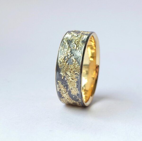Gold Chaos with Gold Lining 8mm - Unique ring with oxidized silver base, rustic gold texture and shiny gold inside.