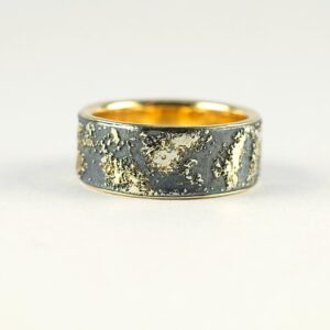 Gold Chaos with Gold Lining 8mm - Unique ring with oxidized silver base, rustic gold texture and shiny gold inside.